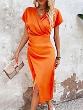 baratos Vestido Simples-Mulheres Vestido midi Vestido Bodycon Vestidos Semi-Formais Escritório Normal Tecido Manga Curta Decote V Azul Amarelo Rosa Vinho Verão Primavera