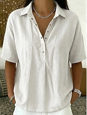 cheap Shirts-Women's Shirt Linen-feel Shirts Vintage Stylish Short Sleeve Turndown Regular Tops Daily Work Holiday Blue Black White Pink Light Brown Summer Spring