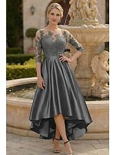 halpa Nilkkapituus-A-linja Epäsymmetrinen Polven yli Juhlamekko Coctail-asu Häävieraspuku Morsiammen äidin asu 3/4 hiha Kauha Tyylikäs Lyhyt ja matala Häävieras Syntymäpäivä Satiini Pitsi kanssa Laskokset Applikaatiot