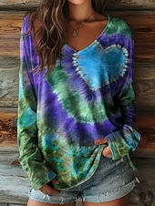 cheap Art&amp;Design tee-Women's T Shirt Print Heart Tie Dye Vintage Casual Boho Long Sleeve V Neck Regular Tops Daily Blue Yellow Red Purple Green Spring Fall
