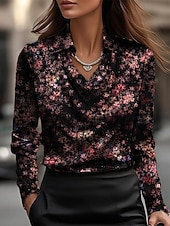 baratos Blusas Florais-Mulheres Camisa Social Imprimir Com Pregas Floral Gráfico Elegante à moda Casual Manga Longa Gola Boba Tops regulares Diário Trabalho Feriado Roxo Primavera Outono