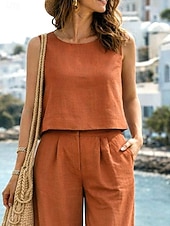 preiswerte Wesentliche Faux Co-ord Sets-Damen Hosen-Sets Kunstbaumwollleinen Ärmellos Rundhalsausschnitt Einfach Elegant Mode Streetwear Lässig Täglich Outdoor Blau Schwarz Orange Sommer Lässiger Schnitt