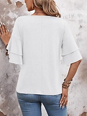 billige Plain t-skjorte-Dame T skjorte T-skjorte Drapering عادي Mote Stilfull Klassisk Halvlange ermer V-hals Vanlige topper Daglig Ut på byen Helg Svart Hvit Rosa Navyblå Kamel Sommer Vår