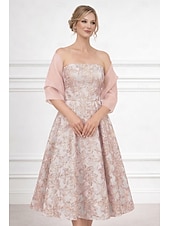 preiswerte Mamas Kleidersets-A-Linie Tee-Länge Kleid für Hochzeitsgäste Brautmutterkleid Ärmellos Trägerlos Elegant Einfach Minimalistisch Formell Cocktailparty Semi-Formal Jacquard Mit Schal mit Falten