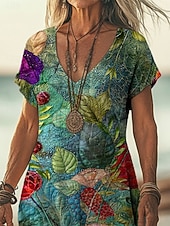 cheap Ethnic Boho Dress-Women's Maxi long Dress Casual Dress A Line Dress Print Dress Fashion Modern Outdoor Beach Vacation Regular Fit Floral Graphic Leaf Short Sleeve V Neck Green Summer Spring