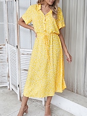billige Uformelle blomsterkjoler-Dame Midikjole Uformell kjole Floral kjole Elegant Mote Moderne utendørs Feriereise Ut på byen Normal Blomstret Kortermet V-hals Blå Hvit Gul Navyblå Sommer Vår