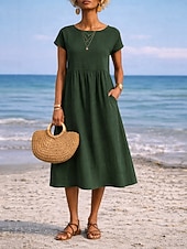 preiswerte Wesentliche Falsche Kleider-Damen Midikleid A Linie Kleid Sommerkleid Lässig Täglich Lässiger Schnitt Einfach Kurzarm Rundhalsausschnitt Blau Schwarz Weiß Rosa Sommer Frühling