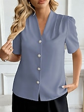 abordables Blusas Elegantes-Mujer Camisa Camisa con botones Camisa casual Botones Plano Elegante Clásico Moderno Manga Corta Escote en Pico Tops regulares Diario Festivos Noche Azul Piscina Negro Blanco Vino Albaricoque Verano