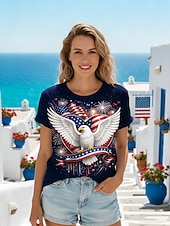  American Independence Day Women's T Shirt Tee Top Print Graphic Animal American Flag Stylish Classic Casual Short Sleeve Crew Neck Regular Tops Daily Going out Blue Black Red Summer Spring