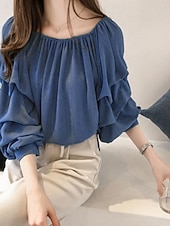 Χαμηλού Κόστους Μπλούζες &amp;amp; Πουκάμισα-Γυναικεία Πουκάμισο Μπλούζα Μπλούζες σιφόν Σουρωτά Σκέτο Ενεργό Στυλάτο Μακρυμάνικο Ώμοι Έξω Κανονικά μπλουζάκια Καθημερινά Αργίες Εξόδου Θαλασσί Ανθισμένο Ροζ Σομόν Καλοκαίρι Άνοιξη