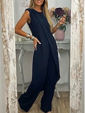 abordables Ensembles chemisiers pour femmes-Women's Pants Sets Sleeveless Round Neck Plain Ruched Patchwork Elegant Fashion Streetwear Casual Daily Outdoor Black Red Purple Summer Loose Fit