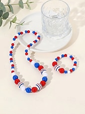  Patriotisches Acryl-Schmuckset für Damen: Halskette und Armband, mehrfarbiger Schmuck in Rot, Weiß und Blau mit Perlen, ideal für die Feierlichkeiten zum 250. Jahrestag der USA, den Unabhängigkeitstag und den Alltag.