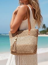 お買い得  旅行用バッグ-女性用編み込みストロートートバッグ、大容量、タッセルペンダント付き、豊富なカラーバリエーション、スタイリッシュなカジュアルビーチ＆トラベルバッグ、毎日のレジャーに最適