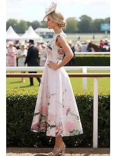 abordables Longitud del té-Corte A Vestido Midi Vestido de Fiesta Vestido Cóctel Vestido Invitada Boda Vestido de Madrina Correas Cuello Barco Elegante El derby de Kentucky Satén con Estampado flor