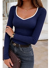 billige Plain t-skjorte-Dame Ribbelte strikkede topper T skjorte Slim fit topp Kontrastfarger Elegant Stilfull Fritid Langermet Klokke Ermer V-hals Vanlige topper Daglig Ut på byen Vin Navyblå Aprikos kaffe Vår Høst