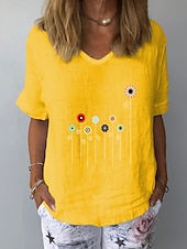 preiswerte Hemden-Damen Baumwoll Mischung T Shirt Druck Grafik Pflanzen Mode Stilvoll Klassisch Kurzarm V Ausschnitt Normale Oberteile Täglich Ausgehen Wochenende Weiß Gelb Tintenblau Grau Leicht Blau Sommer Frühling