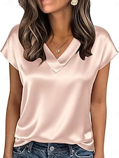 preiswerte Einfache Blusen-Damen Satin-Top Bluse Einfarbig Stilvoll Basic Lässig Kurzarm V Ausschnitt Normale Oberteile Täglich Blau Schwarz Weiß Champagner Rote Sommer Frühling Herbst