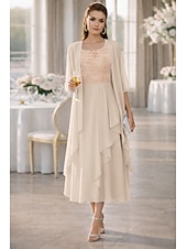  Duas Peças Linha A Longuette Vestido de convidada de casamento Vestido Para Mãe dos Noivos Meia Manga Scoop pescoço Elegante Formal Kentucky Derby Semi formal Chiffon Vestidos curtos com Bordado