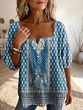 abordables Blusas Florales-Mujer Blusa Estampado Floral Graphic Diario Elegante Básico Media Manga Escote Cuadrado Tops regulares Diario Azul Piscina Amarillo Rosa Verde Trébol Verano Primavera