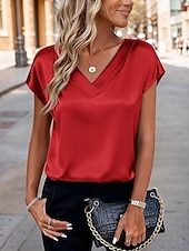 preiswerte Einfache Blusen-Damen Satin-Top Bluse Einfarbig Stilvoll Basic Lässig Kurzarm V Ausschnitt Normale Oberteile Täglich Blau Schwarz Weiß Champagner Rote Sommer Frühling Herbst