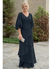 economico Lunghezza del pavimento-Due Pezzi Linea ad A Lunghezza al pavimento Abito da invitata a nozze Abito Formale Abito a Strati Abito da cerimonia per signora Mezza Manica Scollo a V Elegante Con Stola Ospite di nozze Festa di