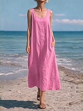 economico Vestiti-Per donna Abito maxi Finto cotone e lino Abito a Tubino Abito Estivo Abito Sottoveste Casual Spiaggia Quotidiano Vestibilità comoda Semplice Senza Maniche Collo a U Blu blu navy Giallo Rosso Estate