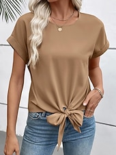 abordables T-shirt uni-Femmes T-shirt Nœud Uni Mode Élégant Classique Manche Courte Col ras du cou Hauts Réguliers Quotidien Sortir Week-end Noir Blanche Vin Marron Beige Été Printemps