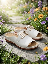 cheap Slide Sandals-Women's White Faux Leather Slide Sandals with Gold Buckle Casual Style for Garden Walks Vacation and Daily Errands