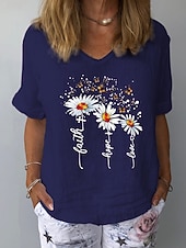 preiswerte Hemden-Damen Leinenhemd T Shirt T-Shirt Druck Blumen Grafik Mode Klassisch Lässig Kurzarm V Ausschnitt Normale Oberteile Täglich Ausgehen Wochenende Weiß Gelb Marineblau Grau Leicht Blau Sommer Frühling