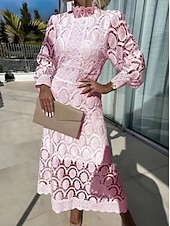 preiswerte Weiße Spitzenkleider-Damen Midikleid Maxikleid Spitzenkleid Weißes Kleid Freizeitkleid Elegant Mode Modern Outdoor Urlaub Ausgehen Normale Passform Schlank Geometrisch Langarm Hoher Ausschnitt Stehkragen Schwarz Wei