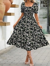 cheap Casual Floral Dresses-Women's Midi Dress Casual Dress Floral Dress Elegant Fashion Modern Outdoor Vacation Going out Regular Fit Floral Short Sleeve Square Neck Blue Black White Pink Summer Spring