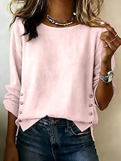 voordelige Overhemden-Dames Overhemden met linnenlook Linnen overhemd Blouse Lapwerk Knop Effen Elegant Vakantie Stijlvol Lange mouw Strakke ronde hals Normale tops Dagelijks Feestdagen Uitgaan blauw Zwart Wit Geel