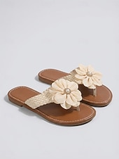 abordables Sandalias deslizantes-Chanclas blancas elegantes con estampado floral para mujer: cómodas sandalias de tiras trenzadas con detalles florales en 3D para viajes en crucero de lujo y fiestas en yate. &amp;lunas de miel en islas