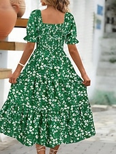 cheap Casual Floral Dresses-Women's Midi Dress Casual Dress Floral Dress Elegant Fashion Modern Outdoor Vacation Going out Regular Fit Floral Short Sleeve Square Neck Blue Black White Pink Summer Spring