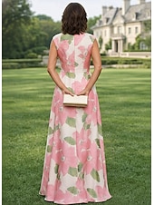 economico Abiti da Sera a Linea A-Linea ad A Lunghezza al pavimento Abito da Sera Elegante Floreale Senza Maniche Scollo a V Festa in giardino Formale Raso con Stampa floreale Pieghe Arricciato