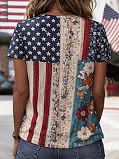  American Independence Day Women's T Shirt Print Floral Graphic Flag Vintage Stylish Classic Short Sleeve Crew Neck Regular Tops Daily Blue Summer Spring