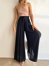 billiga breda ben och hög midja-Dam Trosor Kinesiska Aktiv Streetwear Ledigt Fullängd Medium Midja Slät Snörning Bekväm Oelastisk Dagligen Utomhus Gata Aprikos Svart Mörk marin Kaki Sommar Vår Lös passning