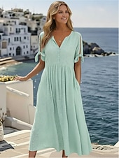 tanie Białe koronkowe sukienki-Damskie Sukienka midi Biała sukienka Sukienka A line Plisowana sukienka Zwykła sukienka Elegancja Moda Nowoczesny Codzienny Na zewnątrz Plaża Luźna Równina Krótki rękaw W serek Niebieski Czarny Biały