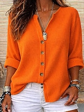  Damen Waffelshirt Elegantes Urlaub Tägliches V-Ausschnitt Lange Tops Tägliches Urlaub Strandbekleidung Blau Gelb Orange Sommer Frühling