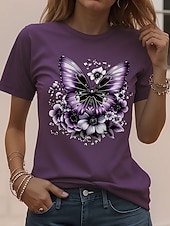 voordelige Dieren thee-Dames T-shirt Afdrukken Bloemig Stijlvol Klassiek Casual Korte mouw Strakke ronde hals Ronde hals Normale tops Dagelijks Kastanjebruin Geel Blozend Roze Paars Zomer Lente