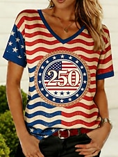  American Independence Day Women's T Shirt Tee Top Print Floral Graphic Graffiti Stylish Classic Casual Short Sleeve V Neck Regular Tops Daily Going out Weekend Blue Red Khaki Summer Spring