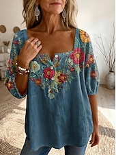 Χαμηλού Κόστους Λουλουδάτες μπλούζες-Γυναικεία Μπλούζα Σουρωτά Κεντητό Στάμπα Φλοράλ Γραφική Λαχούρι Καθημερινά Στυλάτο Βασικό Μισό μανίκι Τετράγωνη Λαιμόκοψη Κανονικά μπλουζάκια Καθημερινά