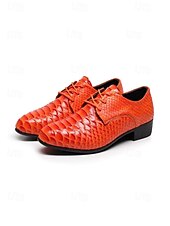 baratos Sapatos Derby-Sapatos sociais masculinos em couro sintético laranja vibrante com estampa de cobra, bico fino e cadarço, ideais para baladas, festas, ocasiões especiais e casamentos.