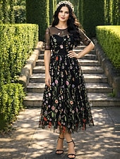 voordelige Cocktailjurken-A-Lijn Bloemenjurk Valentijnsdag Bruiloft Gast Theelength Halve Mouw Illusie Hals Kant met Borduurapplicaties