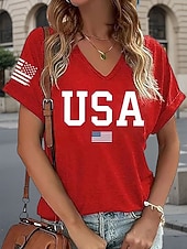 preiswerte Unabhängigkeitstag Top-Amerikanischer Unabhängigkeitstag Damen T Shirt Druck Grafik Flagge Vintage Lässig Kurzarm V Ausschnitt Normale Oberteile Täglich Wochenende Urlaubskleidung Schwarz Rote Sommer Frühling