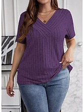 preiswerte Einfarbiges T-Shirt-Damen Übergröße Übergroße Rippstricktops T Shirt Stilvoll Lässig Kurzarm V Ausschnitt Lange Oberteile Täglich Ausgehen Wochenende Schwarz Wein Armeegrün Königsblau Purpur Sommer Frühling
