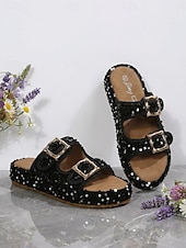 economico Infradito scivolosi-sandali da donna con fibbia in paillettes verdi, eleganti sandali casual con plateau slip-on per feste in giardino, viaggi &amp;abbigliamento estivo quotidiano