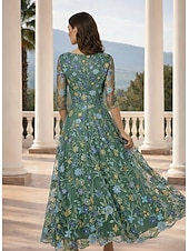 זול שמלות קוקטייל-גזרת A עד הריצפה באורך הקרסול שמלות קוקטייל אלגנטית וינטאג' פרחוני חצי שרוול צווארון V מסיבת חצר חתונה סאטן תחרה גב בדוגמת דרפה עם פרח רקום ריקמה אפליקציות