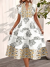 abordables Robes Boho-Femmes Robe Midi Robe bohème Robe Vintage Robe Décontractée Robe Fleurie Élégant Mode Moderne Extérieur Vacances Sortir Coupe régulière Fleuri Manche Courte Col en V Bleu Jaune Rouge Été Printemps