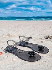 abordables Femmes-Sandales en plastique jaune pour femmes - sandales de plage romantiques et imperméables avec décoration de roses en 3D &amp;Bride de cheville ajustable pour les vacances d'été, les escapades sur les îles